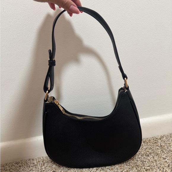 Handbags - Classic Black Shoulder Bag with Gold Hardware
